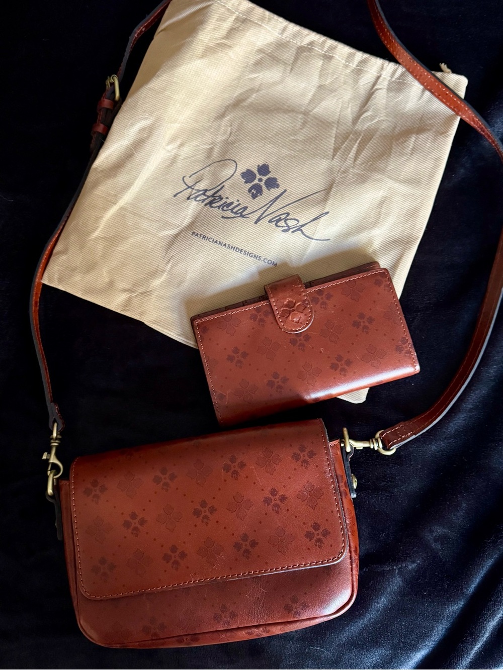 Patricia Nash Chestnut Brown Floral Stamped Leather Crossbody with Wallet